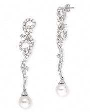 Swirling C.Z. Diamond Imitation Pearl Long Drop Bridesmaids Earrings [Jewelry]