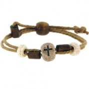 Christian Unisex Wood & Jute Bead Cross Bracelet for Guys & Girls
