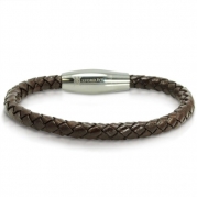 Braided Brown Leather Mens Bracelet 6 mm 8 1/4 inches with Magnetic Stainless Steel Clasp