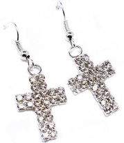 Contessa Bella Fancy Silver Tone Clear Crystal Cross Dangle Wire Hook Pierced Women Earrings Elegant Trendy Christian Religious Fashion Jewelry
