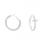 Silvertone Crystal Sideways Cross Hoop Earrings, 1.25