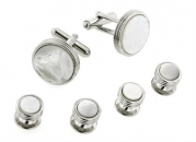 JJ Weston silver plated set of cufflinks and shirt studs set with mother of pearl with presentation box. Made in the U.S.A