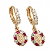 14K Yellow Gold Plated 25mm(H)x8.5mm(W) Red and White CZ Religious Virgin Mary Earrings with Huggy-Style Backing