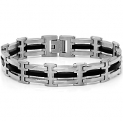 Mens Stainless Steel and Black Rubber Link Bracelet 8 1/2 inches