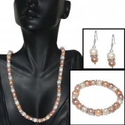 Pink Peach and White Freshwater Pearl Necklace Earrings Bracelet Set 7-8mm 18