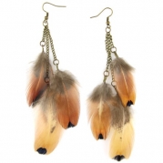 Multi Dangle Feather Earrings - Brass Hook & Chain - Natural
