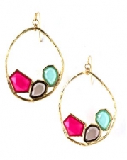 Pink, Aqua, Smoky Crystal Gold Tone Chandelier Designer Earrings in Gift Box