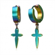 Stainless Steel Anodized Color Cross Drop Huggie Hoop Earrings Religious Jewelry