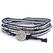 Heirloom Finds Matte Silver Bead Freshwater Pearl and Black Cord Wrap Bracelet with Crystal Pave Button