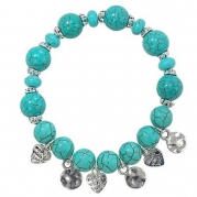 Silvertone Charm and Imitation Turquoise Bead Stretch Bracelet Fashion Jewelry