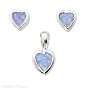 Sterling Silver Imitation Opal Heart Post Earrings Pendant Set