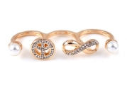 Women Fashion Imitation Pearl Bowknot Peace Logo Crystal 3 Fingers Ring