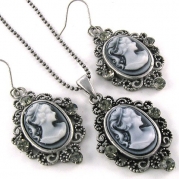 White Gray 2-piece Cameo Necklace Pendant Dangle Earrings Jewelry Set Antique Bronze Brass Tone Vintage Style Cameo