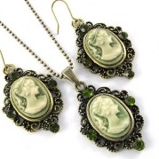 Olive Green 2-piece Cameo Necklace Pendant Dangle Earrings Jewelry Set Antique Bronze Brass Tone Vintage Style Cameo