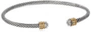 Stainless Steel Cable Twist Gold Crystal End Cap Cuff Bracelet, 7
