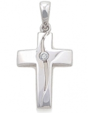 Contemporary Christian Cross Pendant of Sterling Silver Accented with a Round Cubic Zirconia Stone