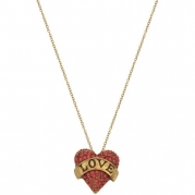 Tattoo Style Love Heart Necklace, Set with Crystal Rhinestones, in Red with Antique Brass Finish