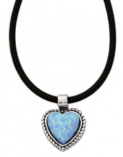 Sterling Silver Imitation Blue Opal Heart Pendant Rubber Cord Choker Necklace