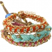 Jenny layered stackable gold chain and imitation diamond and faux suede bracelet set in Pink, Orange, and Aqua / Blue with matching Silk Organza Gift Bag