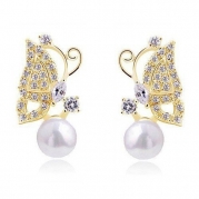 Everbling Swarovski Elements Crystal Imitation Pearl Butterfly 18k Gold Plated Earrings