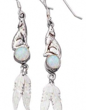 Sterling Silver Wolf Dangle Earrings Imitation Opal