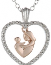 Silver and 10k Rose Gold Mother with Baby Diamond Pendant Necklace, 18