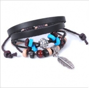 niceEshop(TM) Bohemian Vintage Style Feather Beads Leather Bracelet Adjustable Wirstaband-Brown