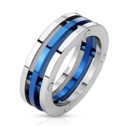 STR-0055 Stainless Steel Blue IP Centered Three Band Combination Ring; Comes With Free Gift Box (8)