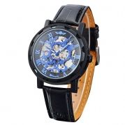 Vantasy Men's Luxury Blue Dial Stainless Steel Hand Wind Skeleton Analog Mechanical Leather Wrist Watch