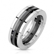 STR-0057 Stainless Steel Black IP Centered Three Band Combination Ring; Comes With Free Gift Box (8)