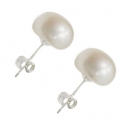 Queen Jewelers Sterling Silver 10mm AAA Round Button Freshwater Pearl White Stud Earrings