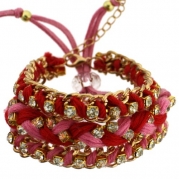 Jenny layered stackable gold chain and imitation diamond and faux suede bracelet set in Pink and Red with matching Silk Organza Gift Bag