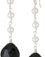 Sterling Silver Black Onyx Pear with Linked White Freshwater Pearls Long Drop Earrings