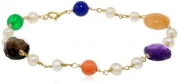 Multi-Gemstones Gold over Silver Linked White Freshwater Pearls Bracelet, 7.5