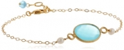 Sterling Silver Chain Faceted Oval Blue Chalcedony Bezel and White Freshwater Pearl Bracelet, 7.5