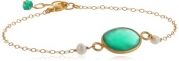 Sterling Silver Chain Faceted Oval Green Onyx Bezel and White Freshwater Pearl Bracelet, 7.5