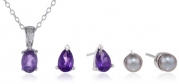 Sterling Silver African Amethyst, Grey Pearl (4.5-5mm) Earrings and Pendant Necklace Jewelry Set, 18