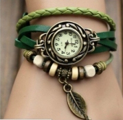 KANO BAK Green Quartz Fashion Weave Wrap Around Leather Bracelet Lady Woman Wrist Watch