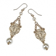 Religious & Inspirational. Catholic Religious Relics Trapeze-style Earrings w/ Ivory Pearl Accents •Features: * Worn Gold Plating * Religious Relics Trapeze Style Earrings * Ivory Pearl Accents * Fish Hook Ear Wires •Religious Relics Trapeze-style Ear