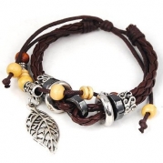 niceEshop(TM) Leaf Pendant Pandora Beads Leather Bracelet Adjustable Wirstband-Brown