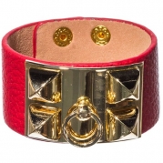 Designer Inspired Womens Bracelet, 1-1/2 Gold Tone Pyramid with 8 Red Leather Cuff Bracelet.