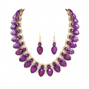 Goldtone Purple Imitation Opal Statement Necklace and Earrings Set Fashion Jewelry
