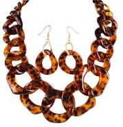 Goldtone Brown Imitation Tortoise Statement Necklace and Earring Set Fashion Jewelry