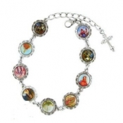 Catholic & Religious Bracelet, Womens Saints Bracelet, Circle Photo Charms, Silver Tone