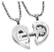 His & Hers Matching Set Open Your Heart Couple Titanium Pendant Necklace Simple Korean Love Style in a Gift Box (ONE PAIR)