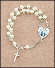 Our Lady of Grace Double Chain Silver Tone Imitation Pearl Rosary Bracelet with Miraculous Medal