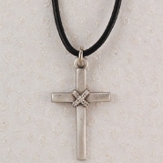 Religious, Men or Womens Necklace, Silver Hand Engraved New England Pewter Medal Cross Medal on a 18 Black Leather Cord.