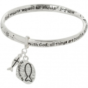 With God All Things Are Possible Matthew 19:26 Silver Tone Charm Bangle Mobius Bracelet with Ichthys