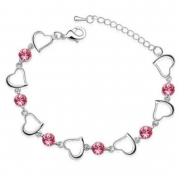 White Gold Plated Hearts Crystals Bracelet - Pink