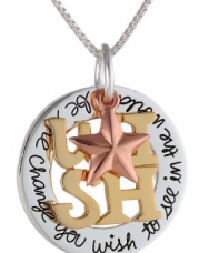 Tri-Colored Sterling Silver with Yellow and Rose Gold Flashed Wish Be The Change You Wish To See In The World Star Charm Pendant Necklace, 18